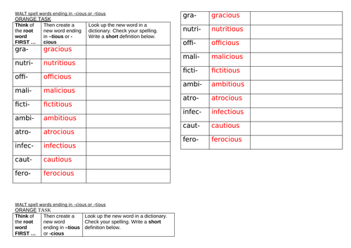 spell words ending in –cious or –tious