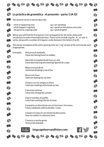 Spanish - present tense practice part 1 - verbs A to D