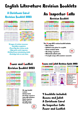 Revision Booklets on Romeo and Juliet, A Christmas Carol, An Inspector Calls, Power and Conflict