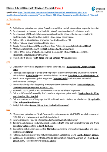 Edexcel A-Level Geography (9GE0) Paper 2 Revision Checklist