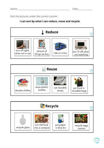 Reduce, reuse or recycle Sort Out Worksheet