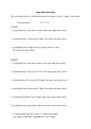 Euler's formula for faces, edges, vertices of a polyhedron