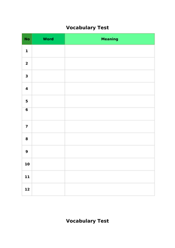 Vocabulary/Word List and Test Template x12