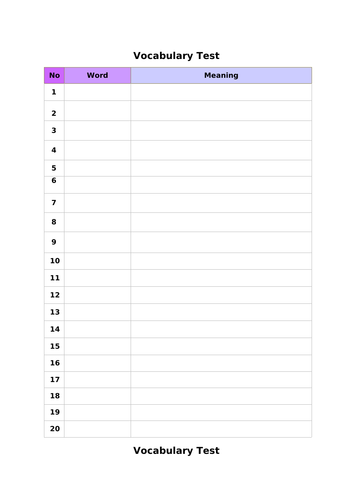 Vocabulary/Word Test and List Template x20