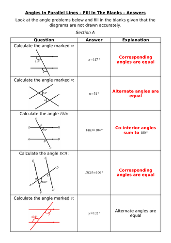 Angles In Parallel Lines - Fill In The Blanks