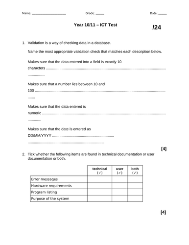 Year 10-11 ICT TEST WITH ANSWERS