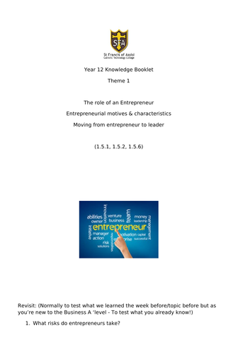 A Level Business (Edexcel ) Year 12 Entrepreneur workbook