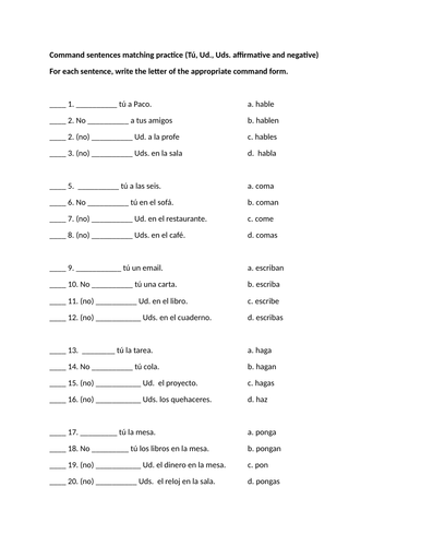 Command sentences matching practice (Tú, Ud., Uds. affirmative and negative)