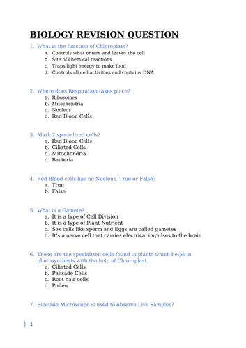 Quick and Simple GCSE Biology Revision questions