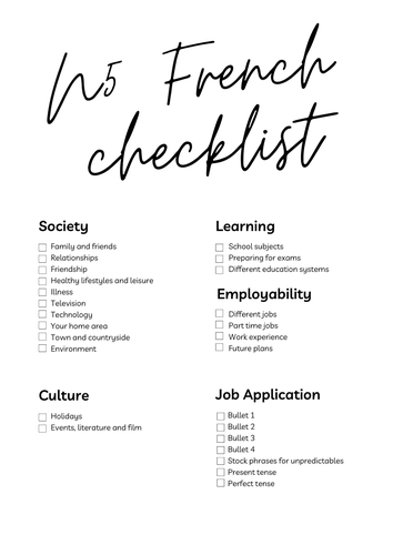 N5 French Study checklist