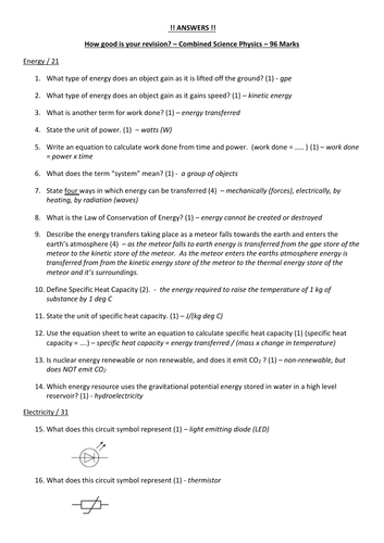 AQA Combined Science Physics - Paper 1 Revision Test