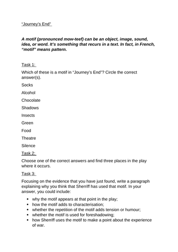 KS3, KS4, "Journey's End" worksheet, motifs, cover, homework, revision