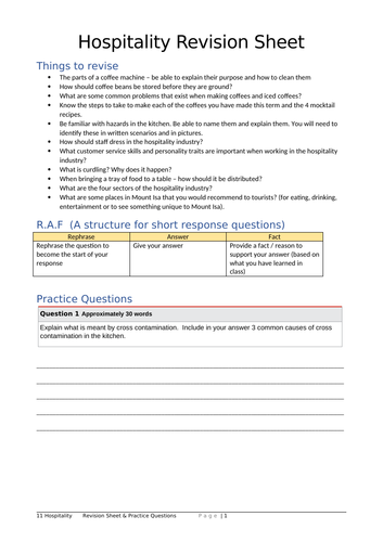 Hospitality Studies – introduction to hospitality exam revision sheet (Beverage operations unit))