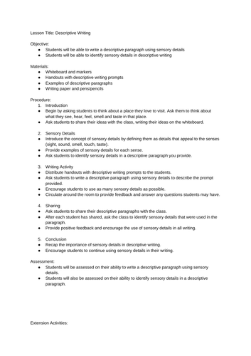 Descriptive language lesson for Year 9/10