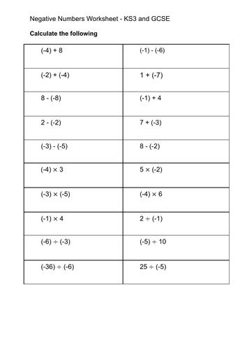 Negative Numbers Worksheet - KS3 and GCSE