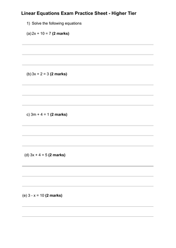 Linear Equations Exam Practice Worksheet - GCSE Higher Tier