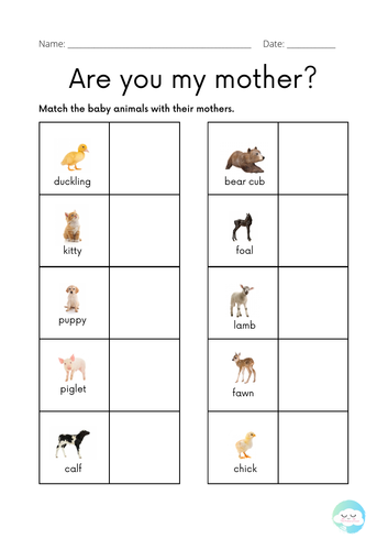 Matching activity (baby animals) - Are you my mother? Worksheet - Farm