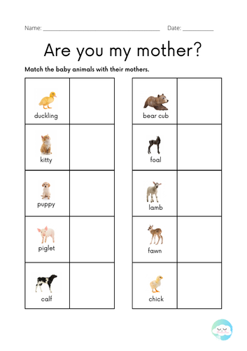 Matching activity (baby animals) - Are you my mother? Worksheet - Farm animals