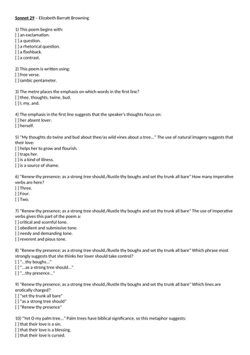 AQA, Love & Relationships  Browning Sonnet 29 "I Think of Thee" Quiz, HW, revision AQA anthology