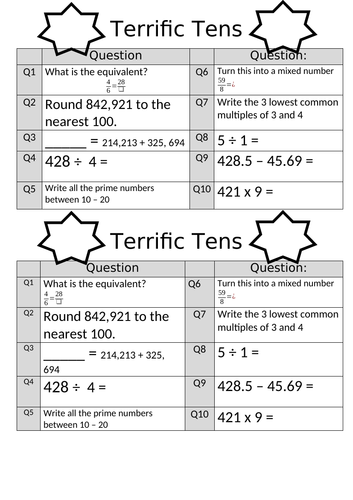 Year 5 Arithmetic Terrific Tens maths