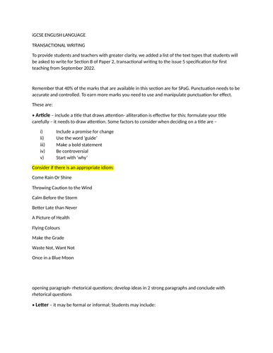 Directed Writing/ Transactional Writing iGCSE ENGLISH LANGUAGE guidance notes