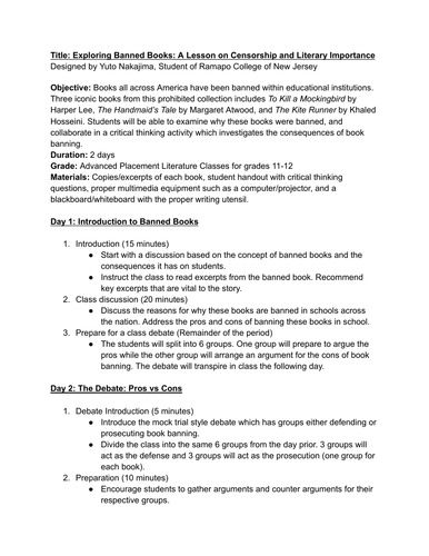 Book Banning Lesson Plan