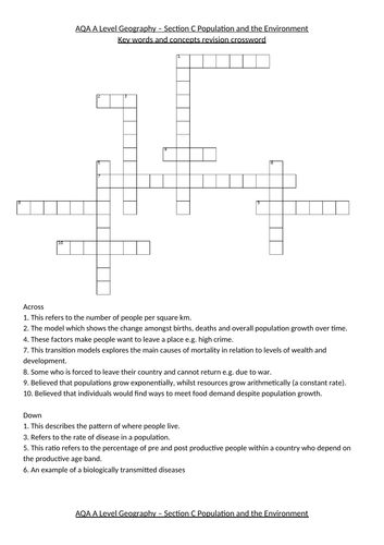 AQA A Level Geography, Section C, Population and the Environment Revision Crossword (with answers)