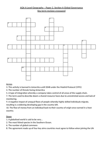 AQA A Level Geography Global Governance Revision Crossword (with answers)