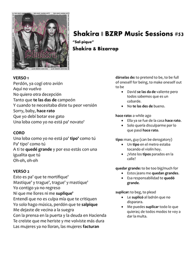Shakira & Bizarrap - Sessions #53 ("Sal-pique") - Song Lyrics & Activities in Spanish