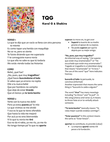 Karol G & Shakira - TQG - Song Lyrics & Activities in Spanish