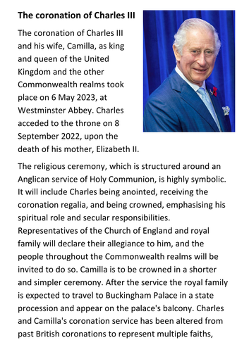 The Coronation of King Charles III Handout