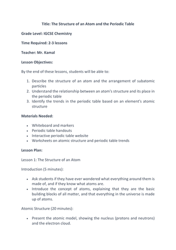Lesson Plan for Structure of the Atom and Periodic Table
