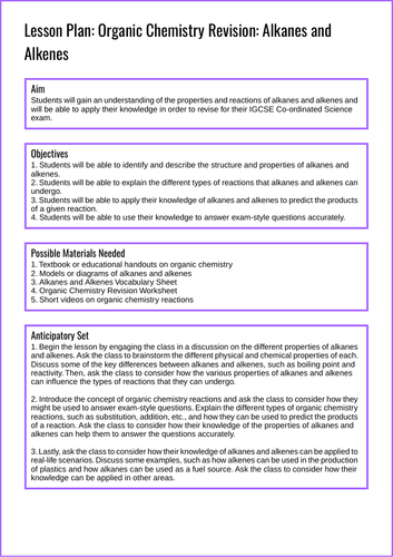 Alkane and Alkenes Lesson Plan