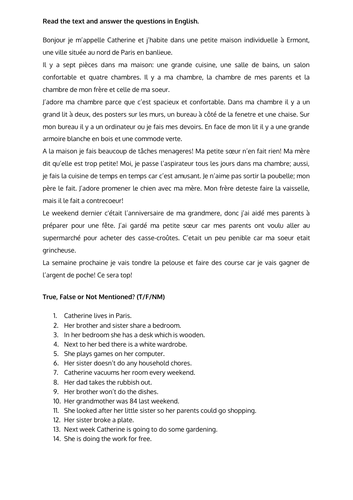 Bedroom, Household Jobs text and questions