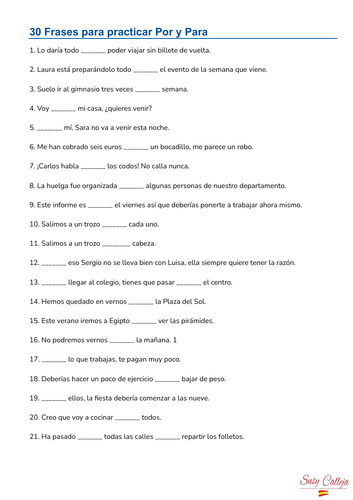 Spanish - 30 frases para practicar Por y Para