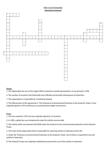 AQA A Level Geography Antarctica Revision Crossword (with answers)