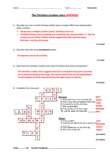 KS3 RE Christian Creation Homework worksheet