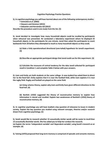 EDEXCEL AS Cognitive Psychology Practice Questions