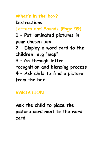 WHAT'S IN THE BOX RESOURCE AND INSTRUCTIONS LETTERS AND SOUNDS PHASE 2 EYFS