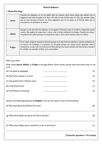 School Subjects Reading - Spanish GCSE