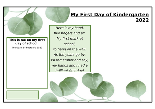 First Day of Kindergarten Handprint artwork