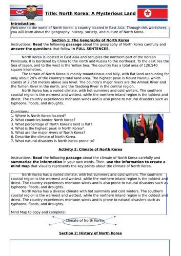 North Korea Worksheet (1 or 2 lessons worth)