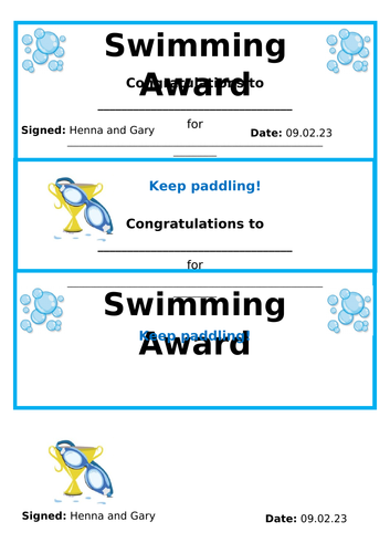 Swimming certificate