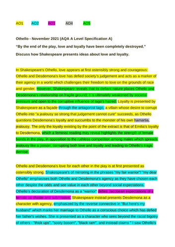 AQA A Level Othello Essay on Love and Loyalty (Nov 21)