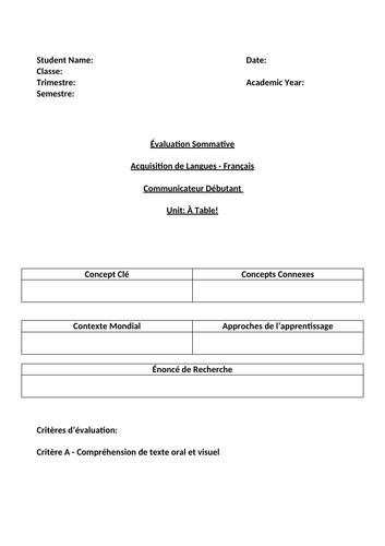 MYP French Summative Assessment - Compréhension Orale - Débutant - A Table!