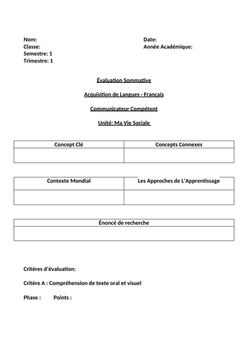MYP French Summative Assessment - Compréhension Orale - Compétent - Ma Vie Sociale