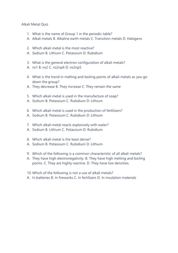 GCSE Alkali Metals 10 question quiz/plenary/starter with answers