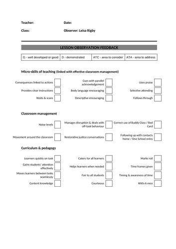 Lesson observation template for prac students and beginning teachers