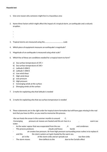 GCSE Hazards 70 mark quick answer quiz test-great for revision lessons