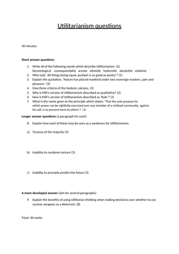 Eduqas RS A level Ethics short tests